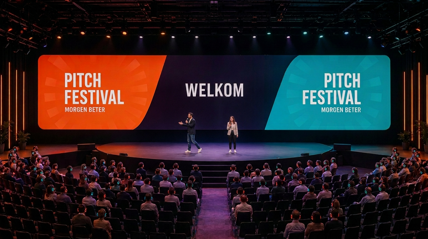Twee pitchers op het podium van Play Zuid, met publiek dat oranje en turquoise oplichtende koptelefoons draagt